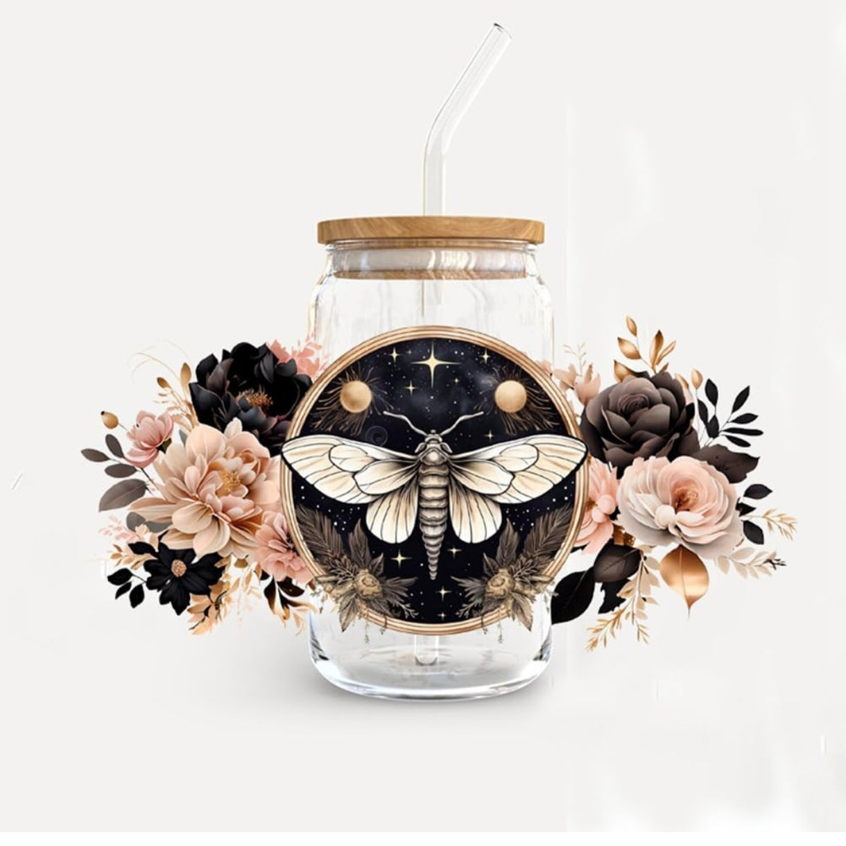 Glasstumblr mit Mottendesign